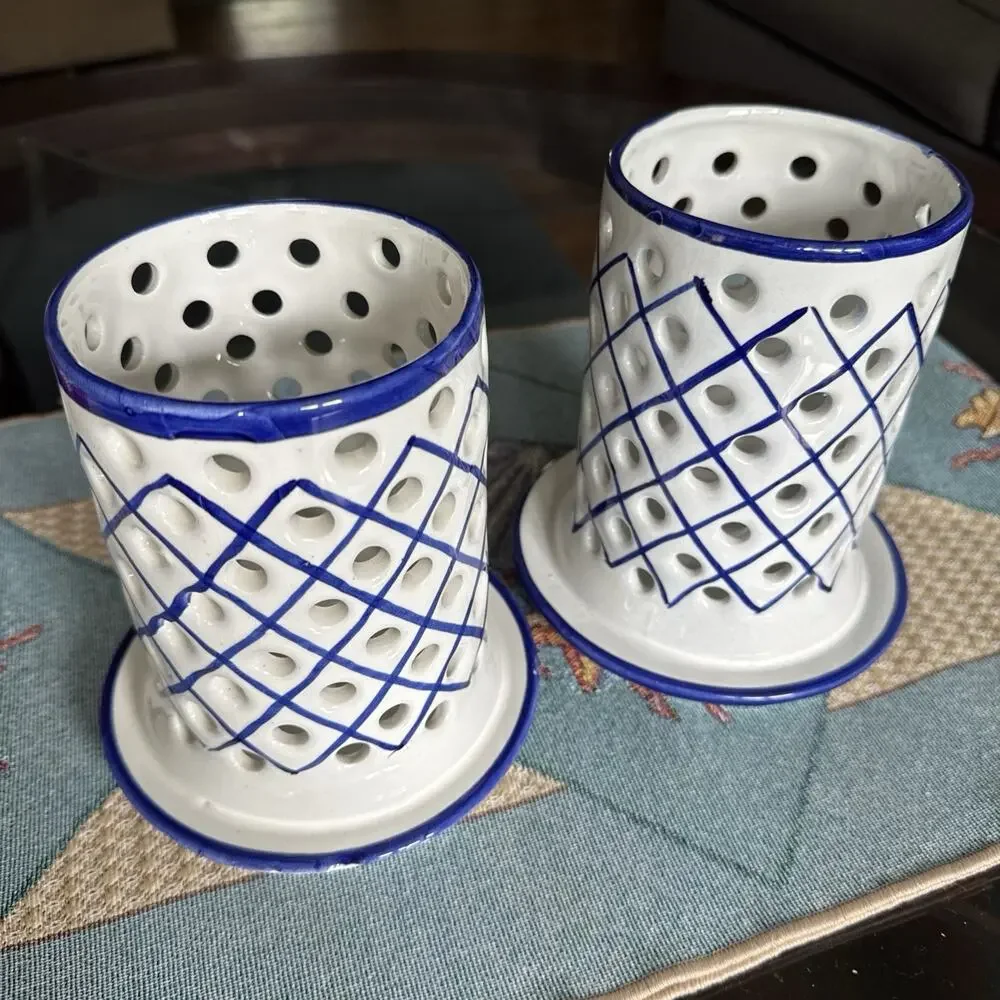 R.C. & CAL Portugal Juncal Porto De Mos Hand Painted Blue White 2Candle Holders